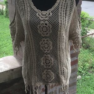 Tan croquette fringe cold shoulder  top. M to L